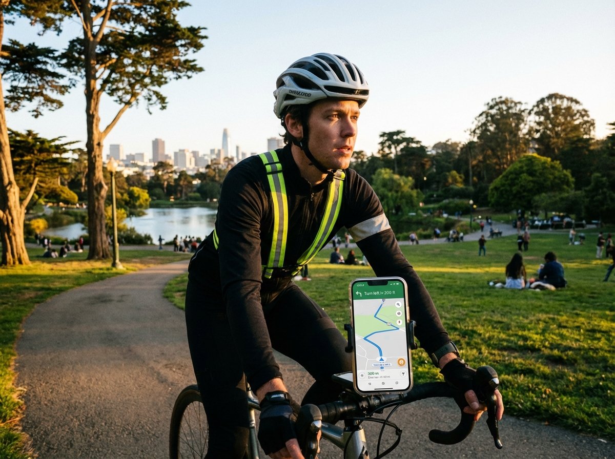 A cyclist with a smartphone mounted on the handlebars, cycling through a scenic park. The screen shows Google Maps navigation. The cyclist looks focused and safe. Realistic outdoor setting, warm sunset lighting. 4:3
