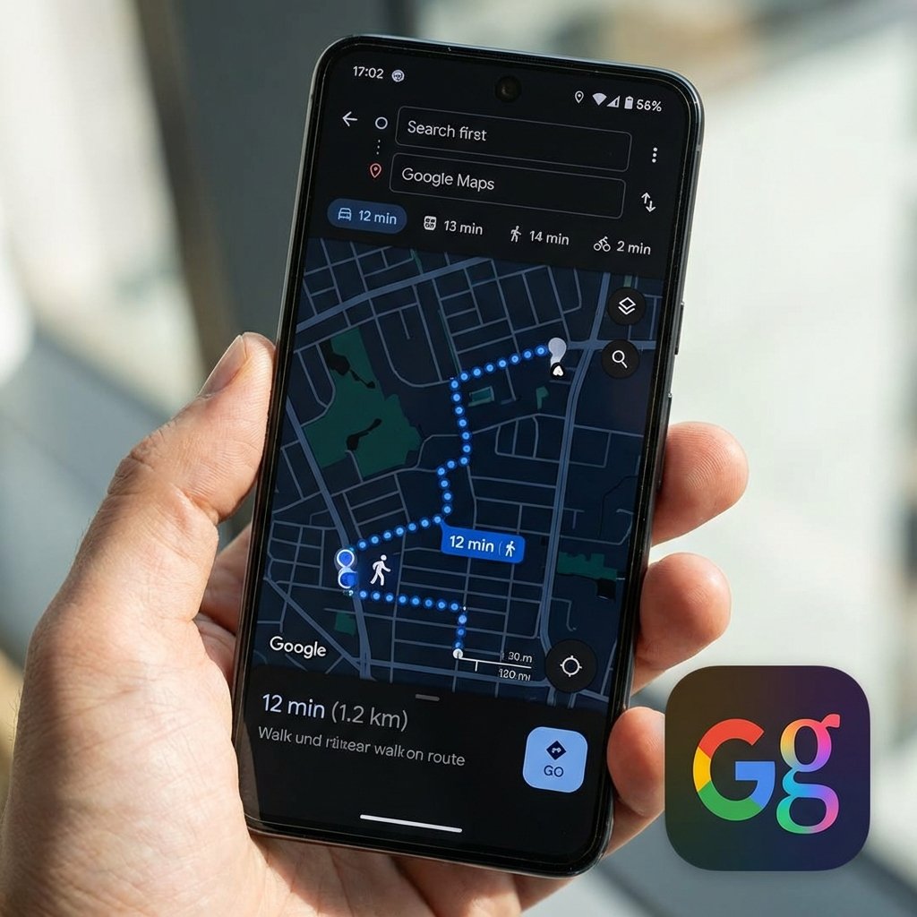 Close-up of a smartphone screen displaying Google Maps with a walking route. A colorful Gemini AI icon is visible in the corner. Clean user interface design, high contrast. 1:1
