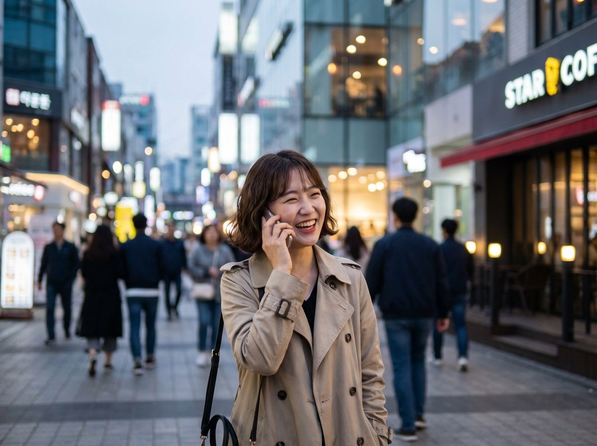 A Korean young adult walking in a modern urban street, speaking naturally into their phone as if having a conversation. Urban lifestyle, blurred background of shops and pedestrians. Realistic style. 4:3