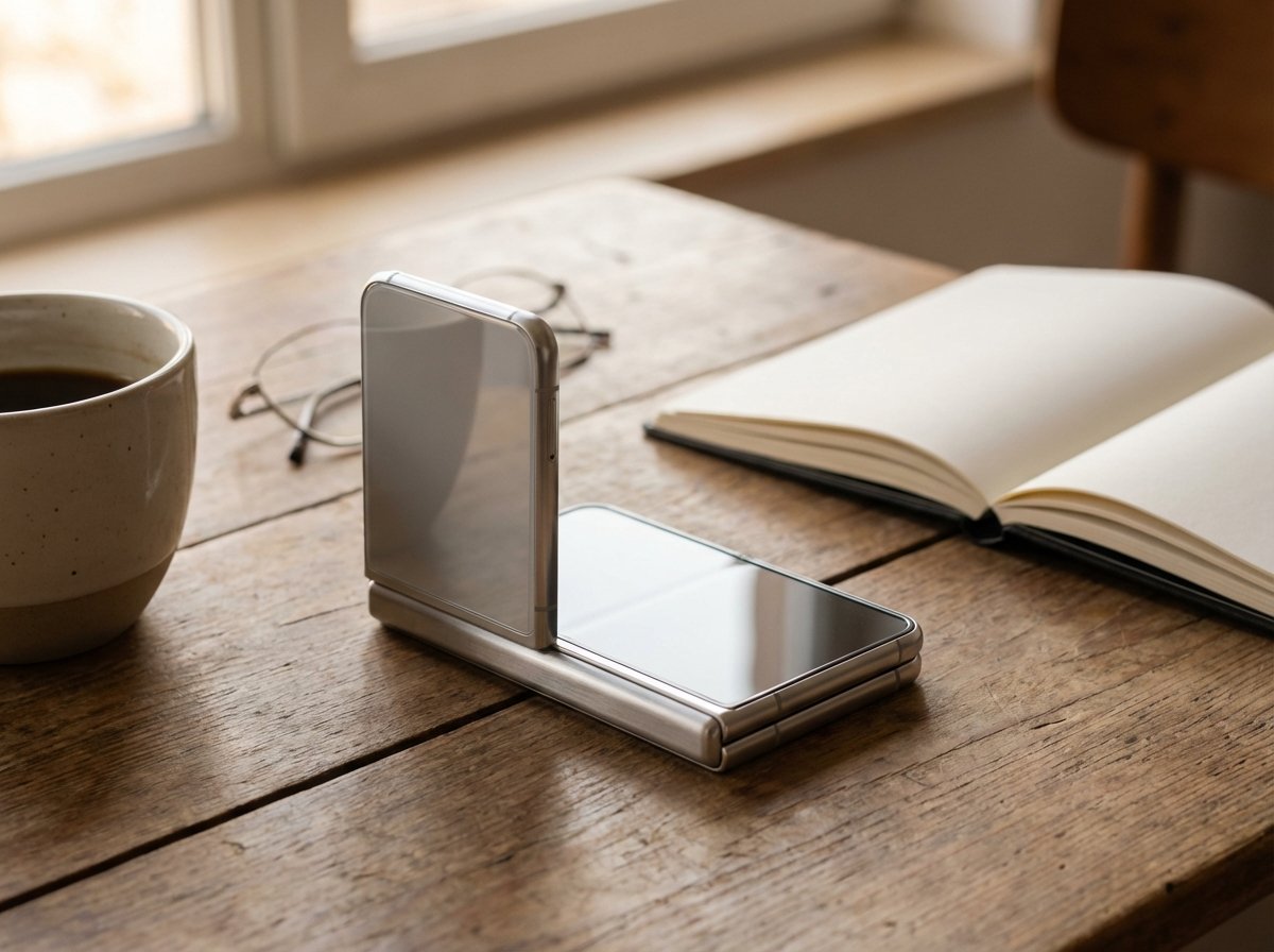 Lifestyle photography of a sleek foldable smartphone with a premium design similar to Apple aesthetics. The device is partially folded on a wooden table with soft warm lighting. No text. 4:3
