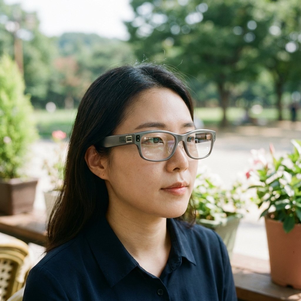A person with a natural Korean appearance wearing sleek and modern augmented reality glasses. The glasses look like stylish everyday eyewear. Soft daylight background. No text. 1:1