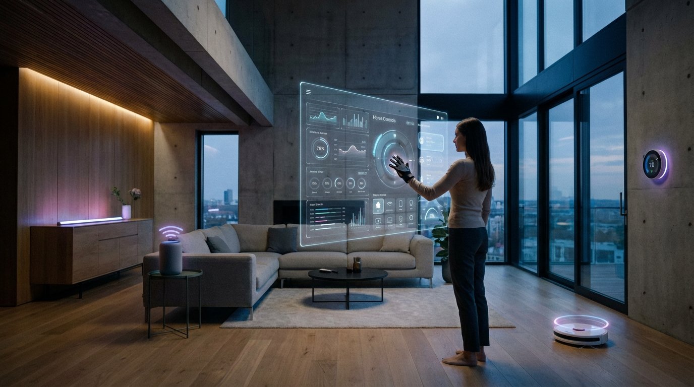 A modern living room with various smart devices glowing subtly. A person is interacting with a transparent digital interface floating in the air. High-tech lifestyle. No text. 16:9