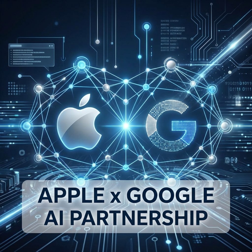 A modern and sleek digital illustration representing the partnership between Apple and Google for AI technology. The composition features abstract glowing nodes and neural network lines connecting subtle brand elements in a professional tech-focused environment. High contrast, blue and silver tones, clean infographic style. 1:1