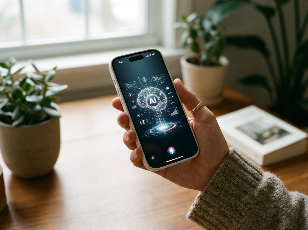 Lifestyle photography of a person holding a modern iPhone showing a glowing and sophisticated AI assistant interface on the screen. The light from the screen softly illuminates the user's hand. High-end smartphone design, natural indoor lighting, focused on the device. 4:3