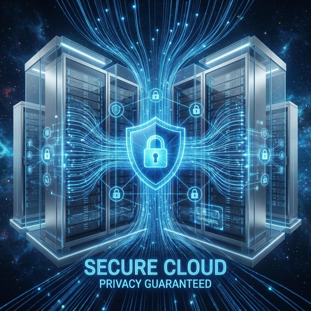 A high-tech digital concept art of a secure cloud server environment. Glowing blue shields and locks are integrated into a network of data streams, symbolizing high-level privacy and security. Clean, professional, and futuristic tech style. 1:1
