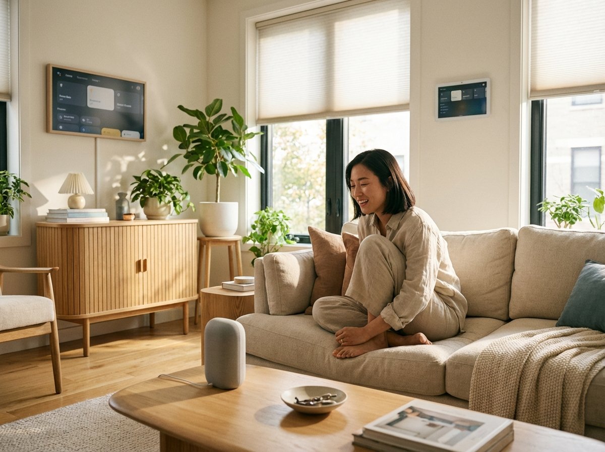 A warm and natural lifestyle photograph of a Korean person relaxing in a modern living room, interacting with smart home devices using voice commands. The atmosphere is cozy with soft sunlight through the window. High-quality interior design, realistic setting. 4:3