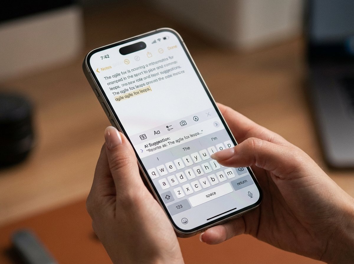 아이폰에서 글쓰기 도구를 활용해 텍스트를 수정하는 장면