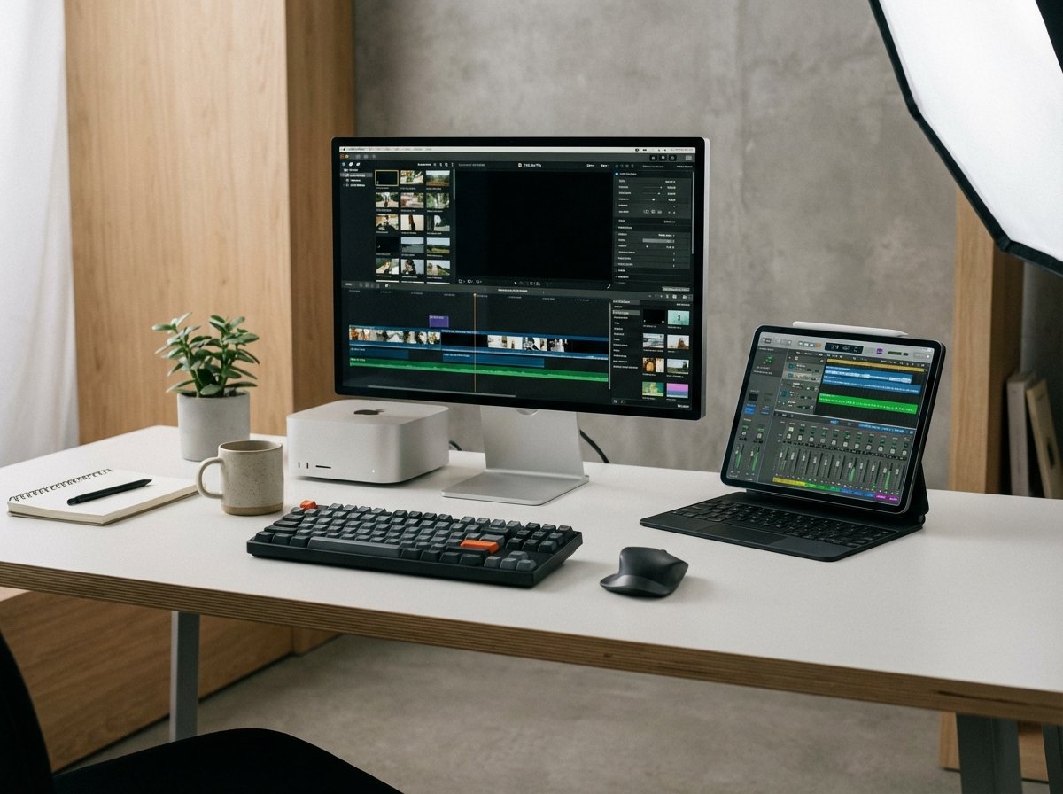 A professional workstation featuring a modern Mac and iPad Pro displaying creative software interfaces like Final Cut Pro and Logic Pro. The lighting is soft and studio-like, with a clean and minimal aesthetic. No text visible. High-quality lifestyle photography style. 4:3