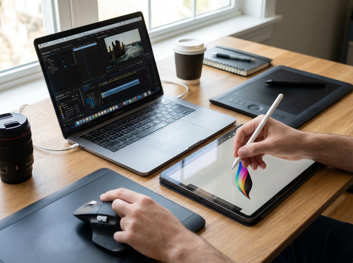 Close-up of hands using a stylus on an iPad Pro screen and a mouse on a Mac concurrently. The desk is organized with professional creative gear. Bright and balanced lighting, showing a productive atmosphere. Realistic photography. 4:3