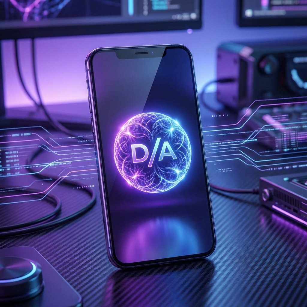 A futuristic digital assistant icon glowing on a modern smartphone screen, soft purple and blue ambient lighting, high-tech atmosphere, 1:1