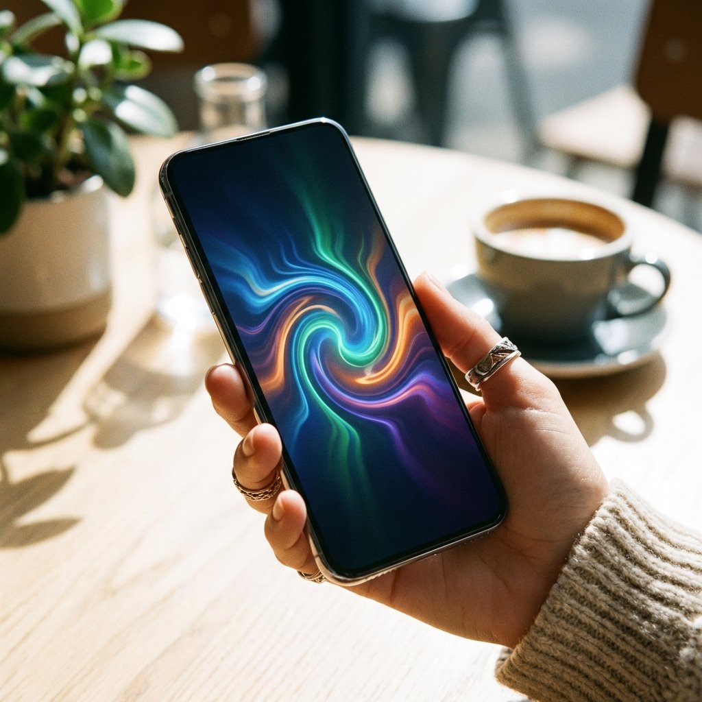 Close up of a hand holding a sleek smartphone with a colorful AI wave interface on the screen, natural daylight, lifestyle photography, 1:1