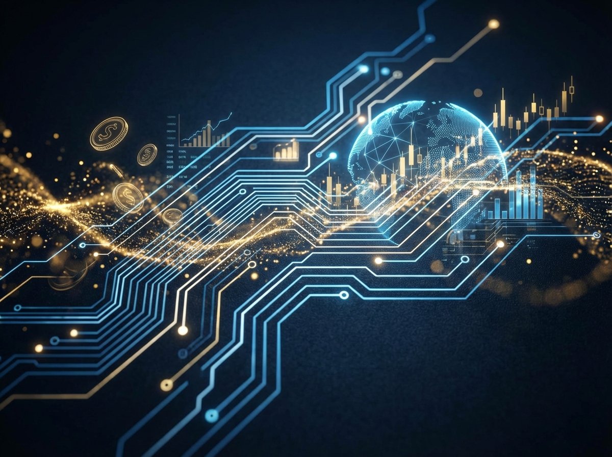 Abstract representation of technology and finance, glowing circuit lines mixed with golden light particles, professional and clean aesthetic, 4:3