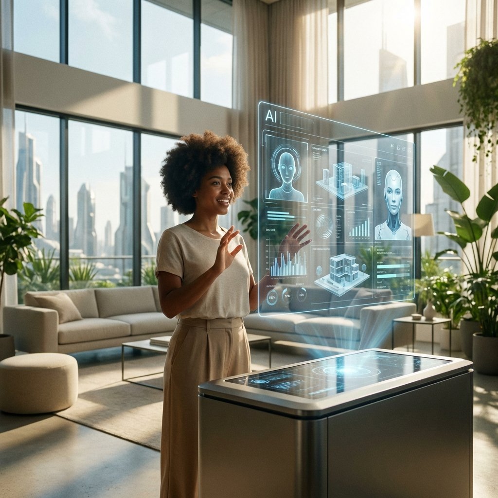 A person interacting with a transparent holographic AI interface in a bright modern room, cinematic lighting, futuristic lifestyle, 1:1