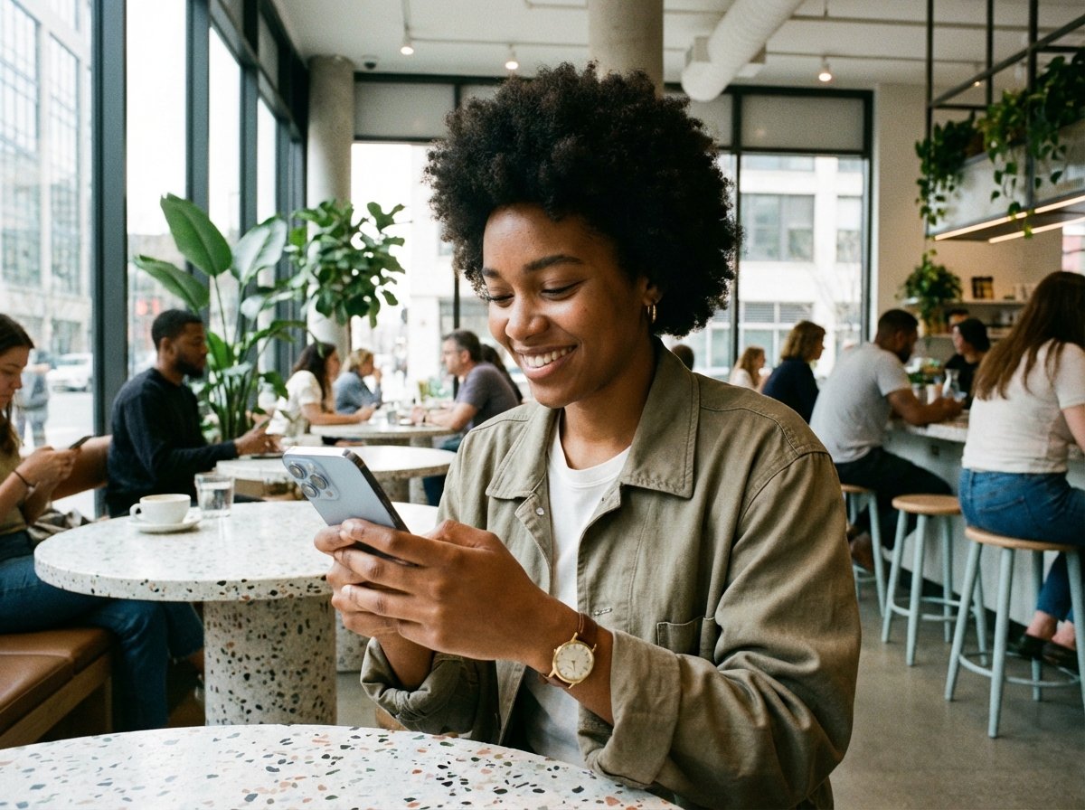 A person using a modern smartphone in a trendy urban cafe setting, looking at a colorful and engaging social media feed on the screen. The atmosphere is bright and contemporary. No text visible on the screen. 4:3