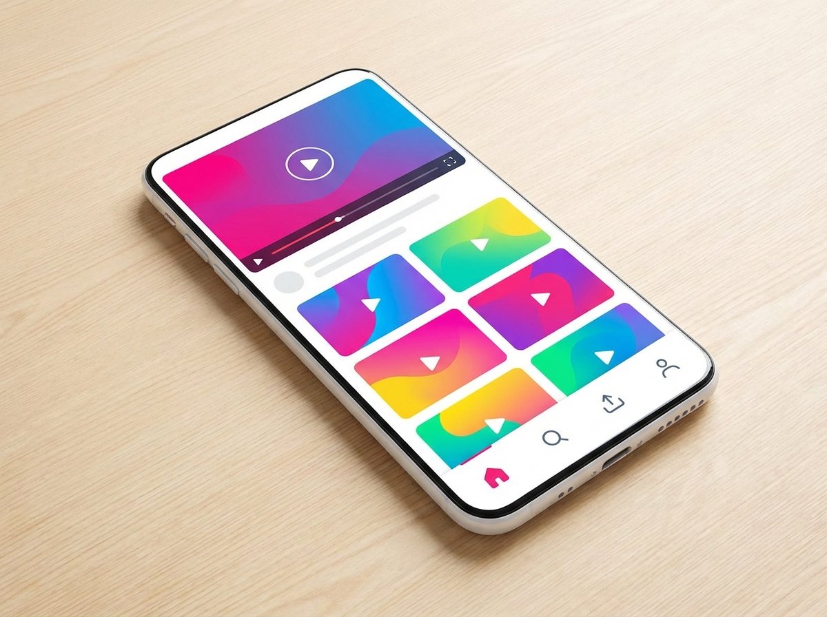 A clean and modern user interface concept for a video sharing mobile app displayed on a sleek smartphone. The design features vibrant colors and minimalist icons without any text. 4:3
