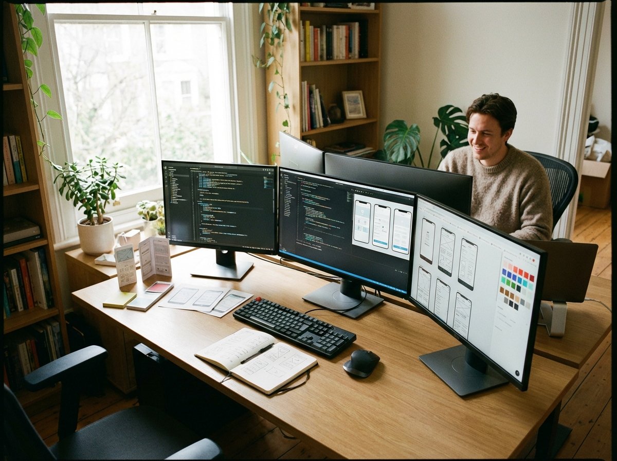 A creative and organized workspace of an app developer with multiple monitors showing code and design elements. Soft natural lighting from a nearby window. No text or logos. 4:3