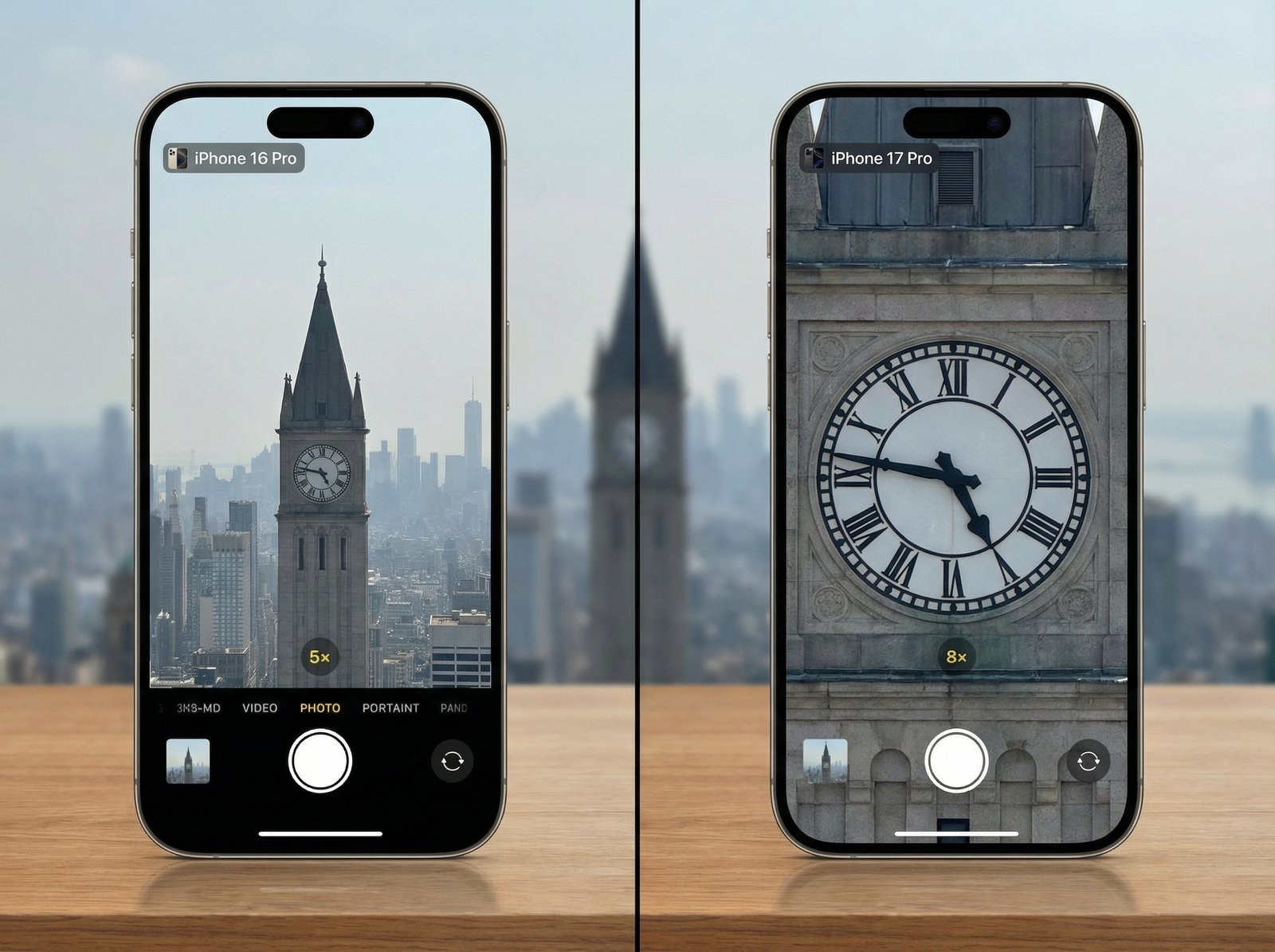 A split image showing a comparison of zoom capabilities between iPhone 17 Pro and iPhone 16 Pro. On the left, a scene captured with iPhone 16 Pro's 5x zoom, slightly zoomed in. On the right, the same scene with iPhone 17 Pro's 8x zoom, showing a much closer and clearer detail. The background is a city landscape. aspect ratio 4:3, no visible text