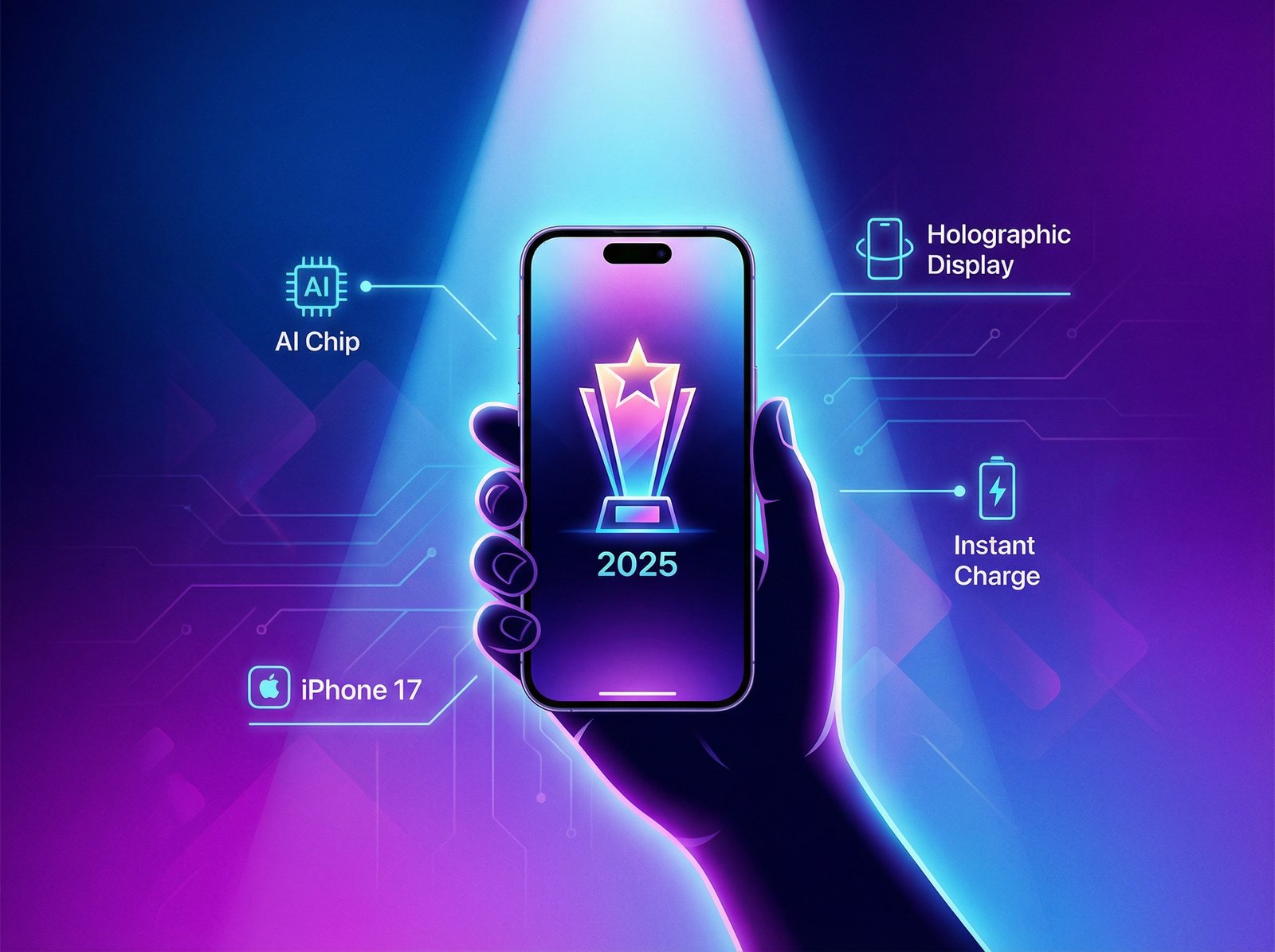 A modern, high-contrast infographic showing an iPhone 17 in a hand, with a spotlight on it and "Product of the Year" text. The background is a gradient of blue and purple. No visible text. Aspect ratio 4:3.