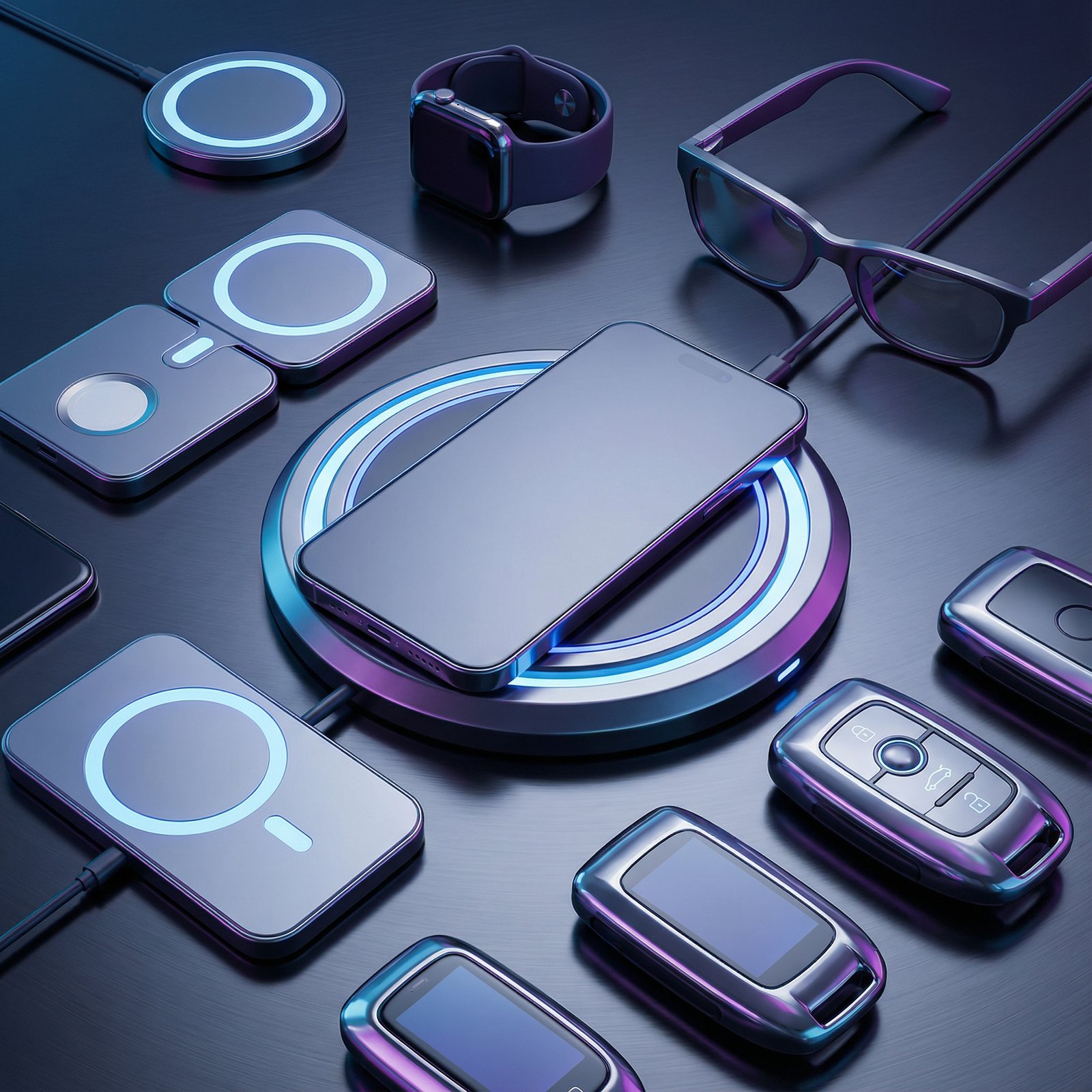 A visually rich composition featuring a conceptual iPhone 17 in the center, surrounded by various futuristic MagSafe accessories and smart car key concepts. The design is modern and high-tech. Aspect ratio 1:1, no visible text.