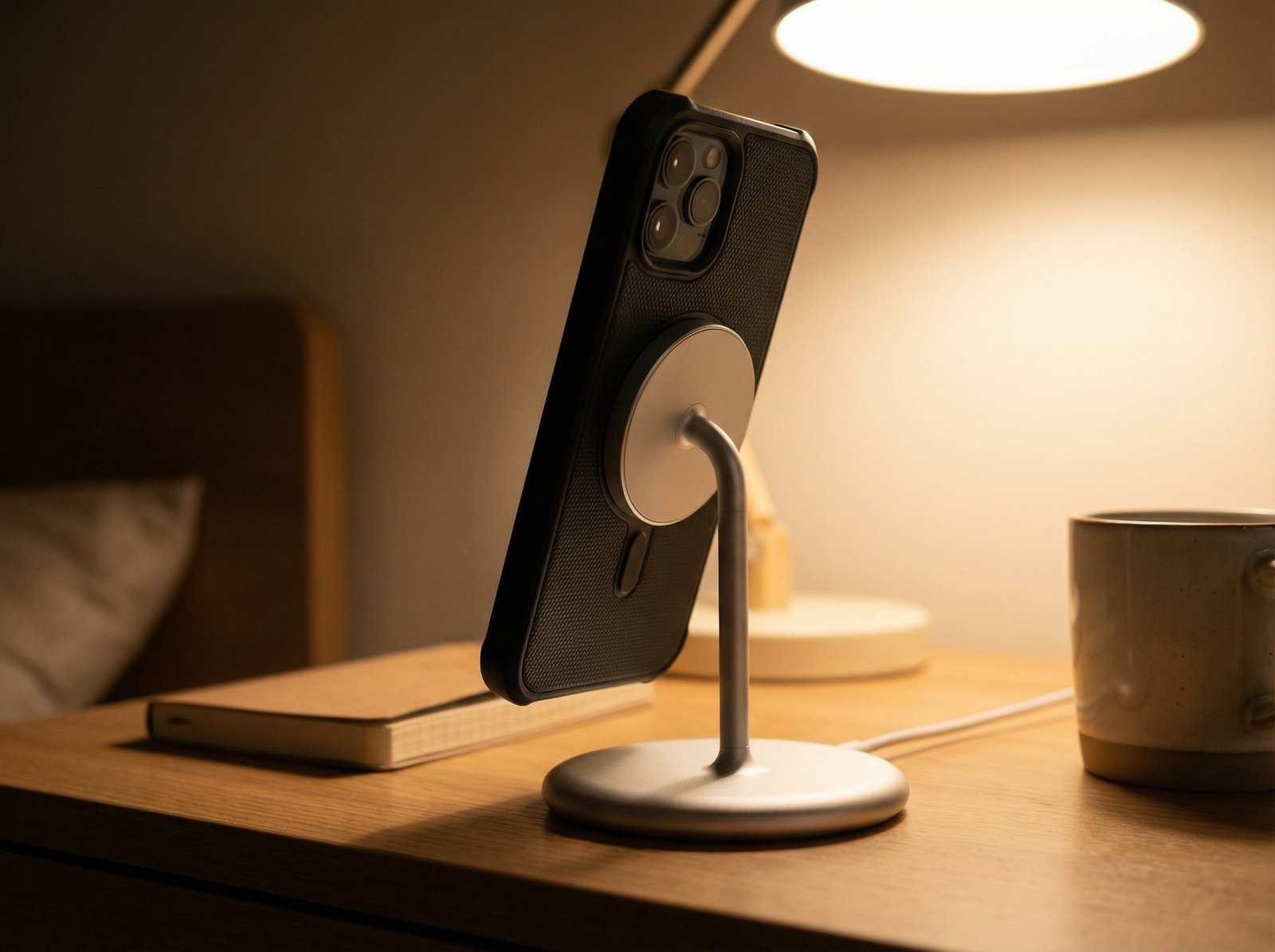 A smartphone in a black rugged case magnetically attached to a modern MagSafe wireless charging stand on a desk, soft warm lighting, 4:3, no text