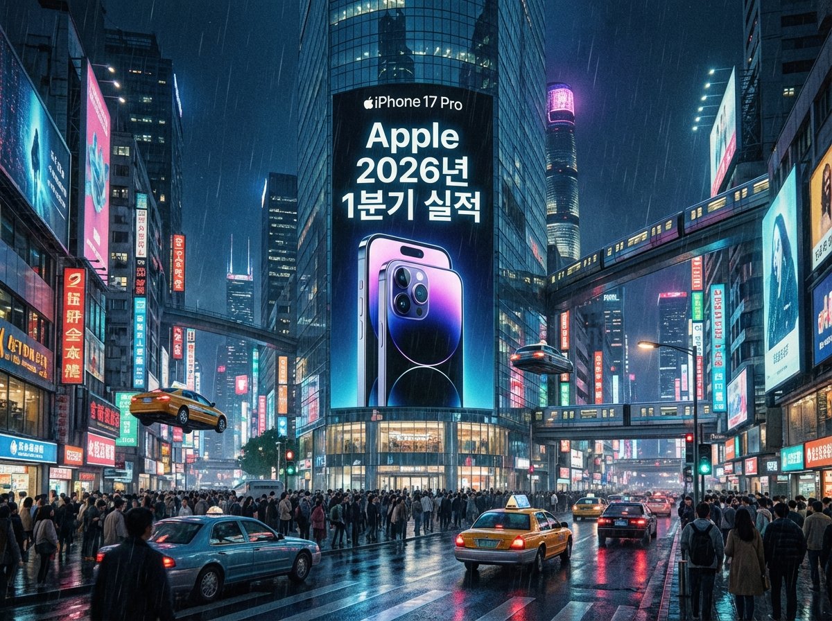 Crowded urban street in Shanghai China with a large Apple billboard displaying iPhone 17 advertisement vibrant city lights futuristic atmosphere Apple 2026년 1분기 실적 4:3