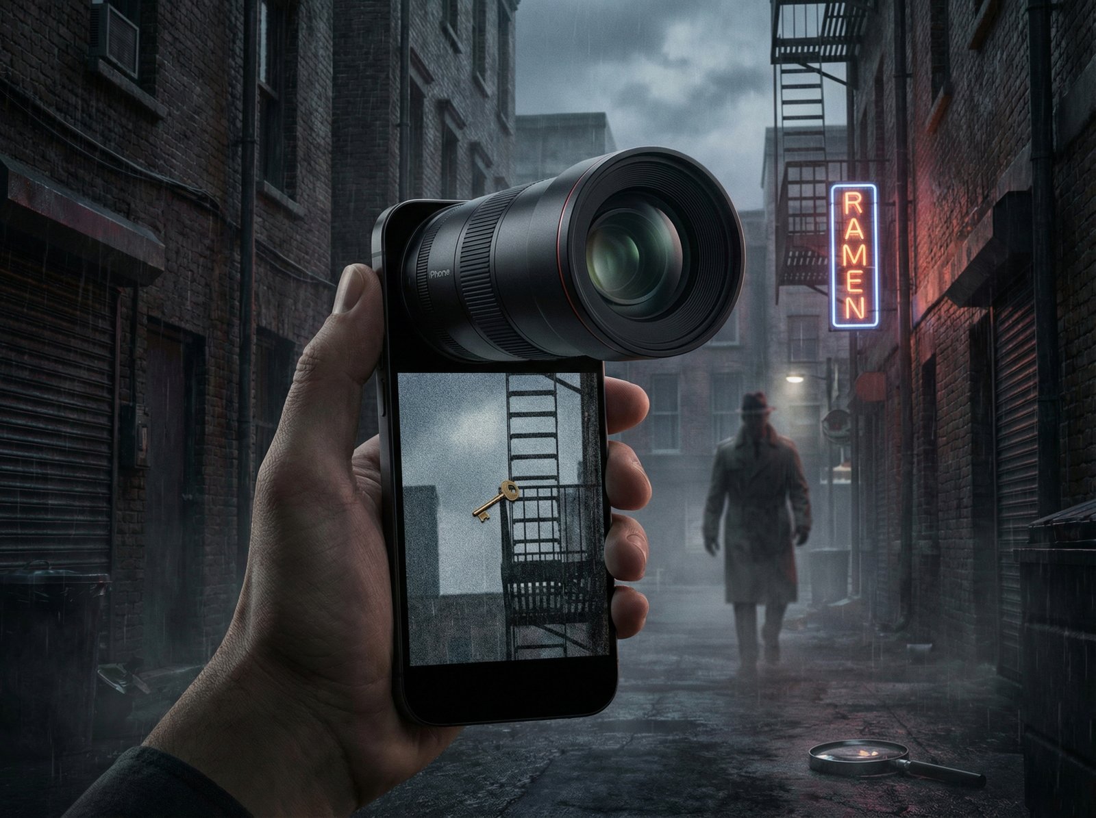 A detective-themed image showing an iPhone 17 Pro camera with 8x optical zoom, focusing on a distant clue. The scene is urban with subtle hints of mystery. The iPhone is held by a hand, pointing towards a small, distant object. aspect ratio 4:3, no visible text