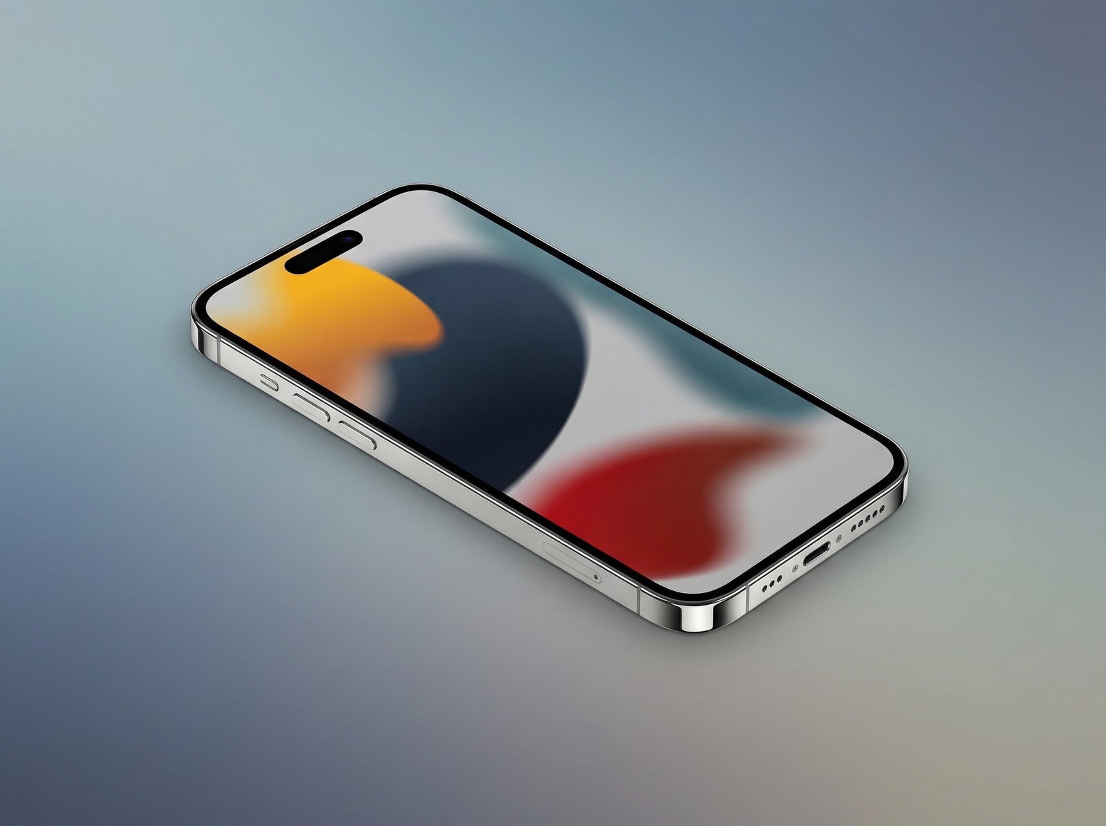 A sleek and modern smartphone design inspired by Apple iPhone style, showing a 6.1-inch screen with Dynamic Island, metallic frame, high-quality product photography on a soft gradient background, 4:3, no text