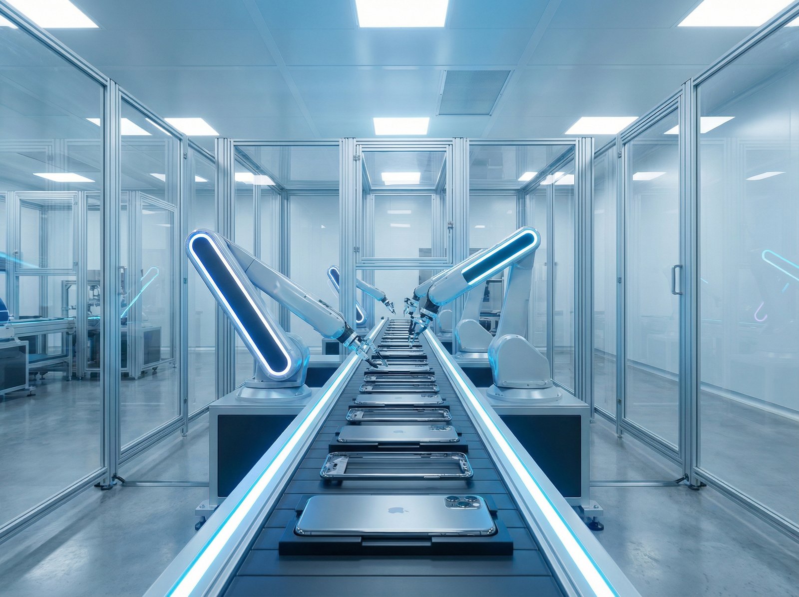 a modern smartphone automated assembly line in a clean high-tech factory setting with soft blue and white lighting focusing on sleek phone frames 4:3 no text