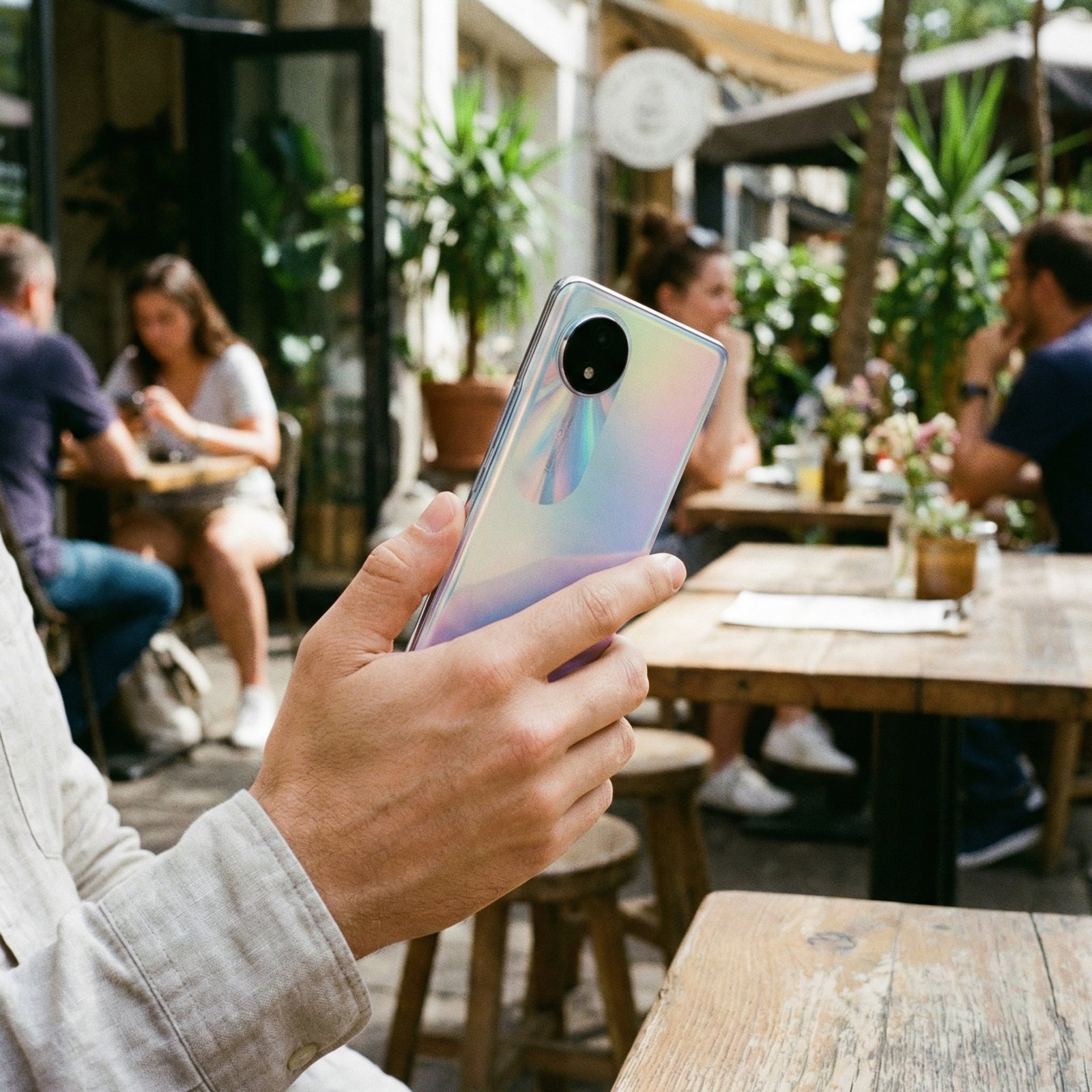 A person holding a slim and colorful smartphone with a modern design in a bright outdoor cafe setting. The phone has a single sleek camera lens on the back and a vibrant screen. Natural daylight. 1:1, no visible text.