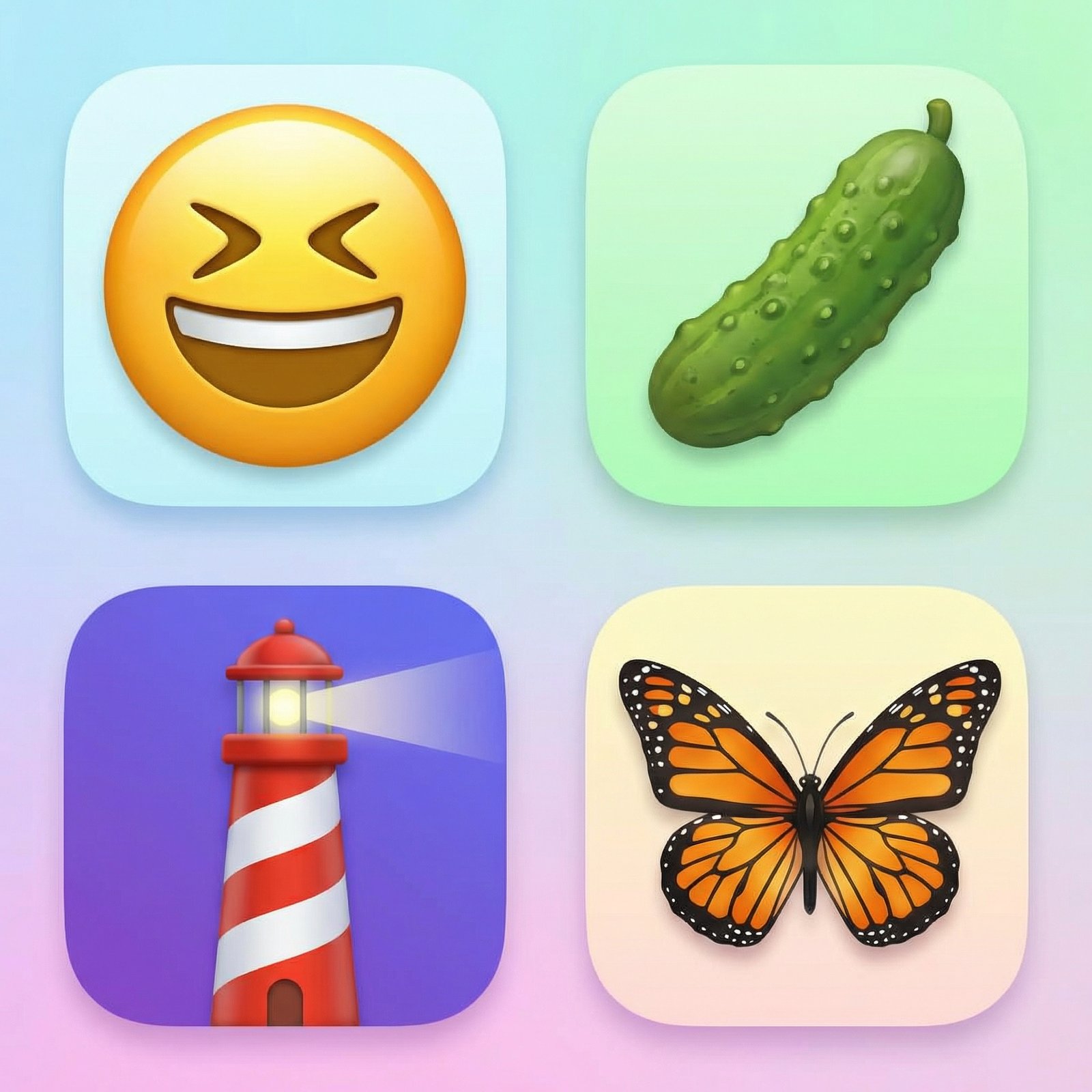 A colorful and clean digital illustration of various new emoji concepts including a smiling face squinting, a green pickle, a lighthouse, and a monarch butterfly, 3D Apple style emoji design, high contrast, aspect ratio 1:1, no text