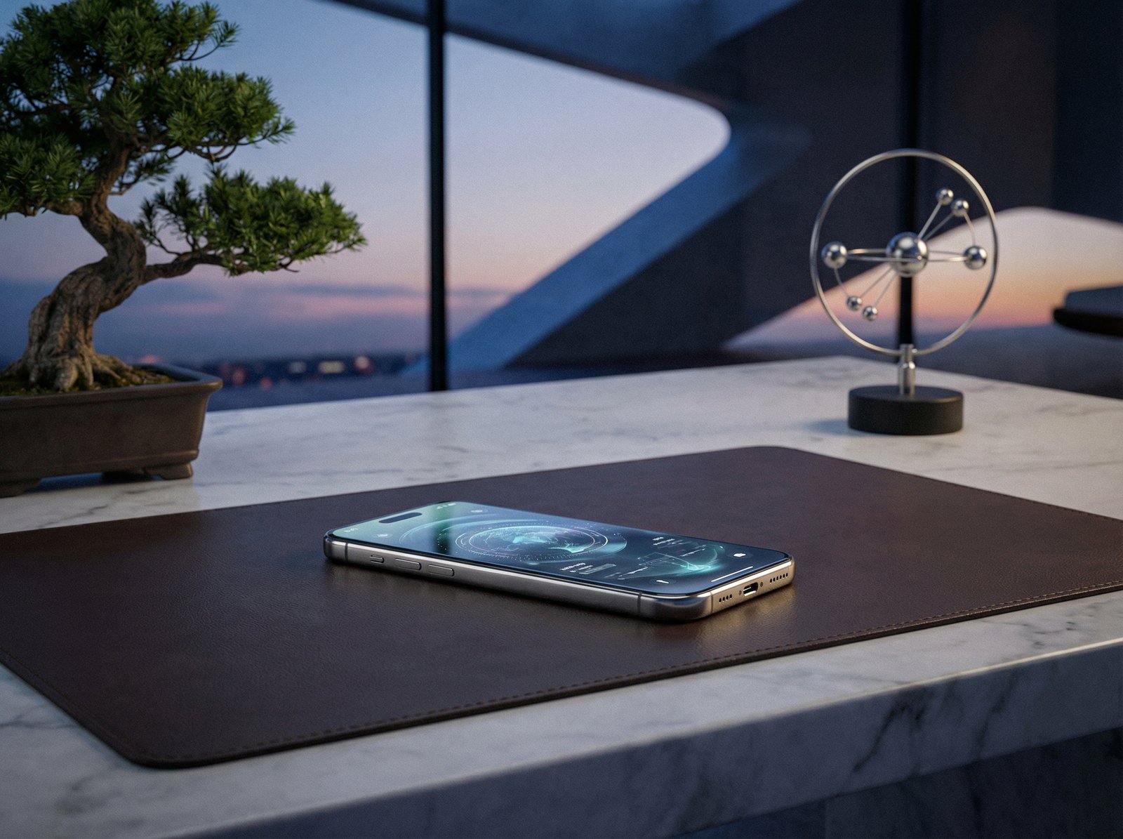 A futuristic high-end smartphone with a sleek titanium frame and a seamless back glass, professional lighting, elegant lifestyle setting, 4:3 aspect ratio, no text.