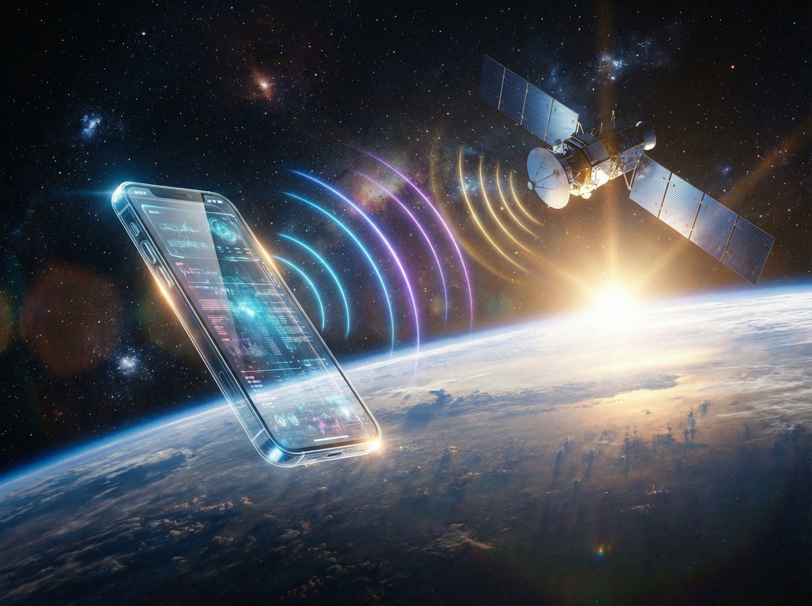 A high-tech smartphone floating in space with glowing signal waves connecting to a satellite orbiting Earth, cinematic lighting, 4:3 aspect ratio, no text.