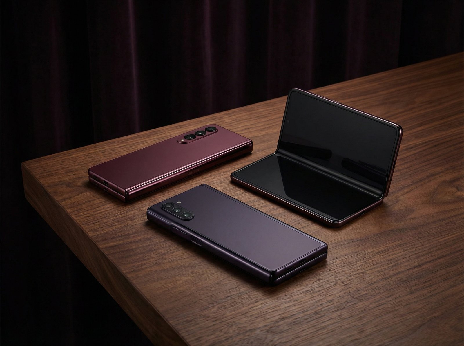 Elegant display of premium smartphones in deep burgundy and dark purple colors on a polished wooden surface, studio lighting, professional product photography, 4:3 aspect ratio, no text.