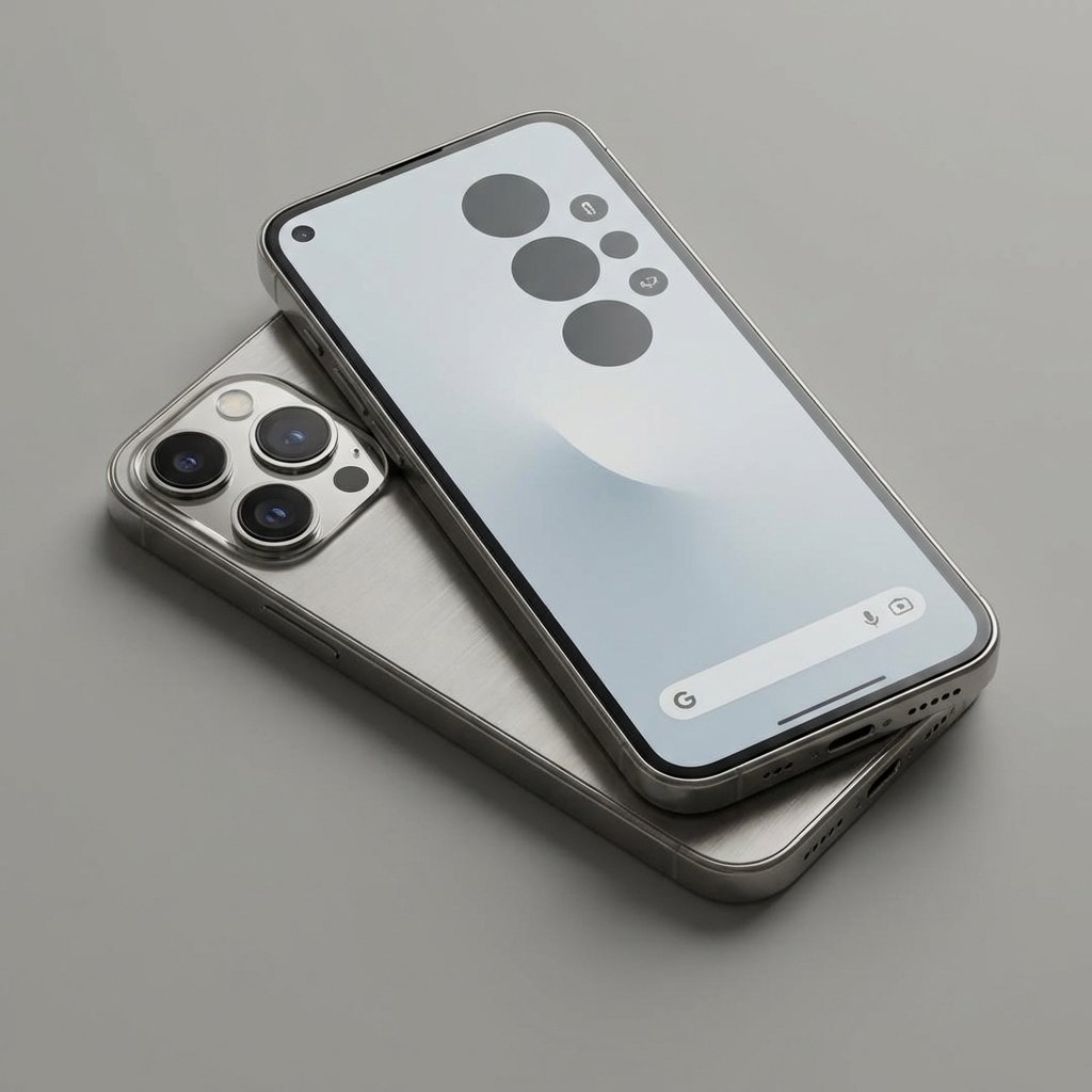 A sleek and modern smartphone design inspired by future iPhone concepts. The device features a nearly bezel-less display with a small punch-hole camera in the top-left corner. The back shows a triple-lens camera setup on a distinct plateau. High-quality product photography with soft cinematic lighting on a neutral grey background. 1:1 aspect ratio.