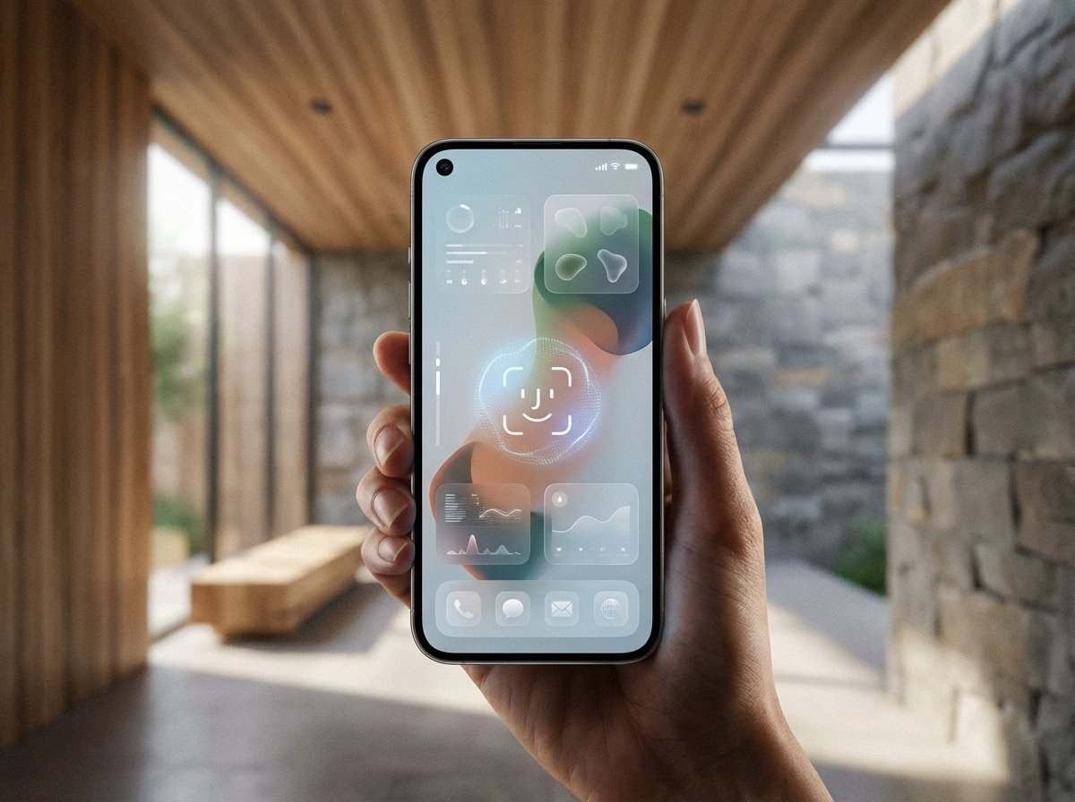 A futuristic concept of iPhone 18 Pro, showing a sleek smartphone with a small circular camera cutout in the top-left corner of the screen, under-display Face ID technology, minimal bezels, high-tech interface, soft natural lighting, 4:3 aspect ratio, no visible text.