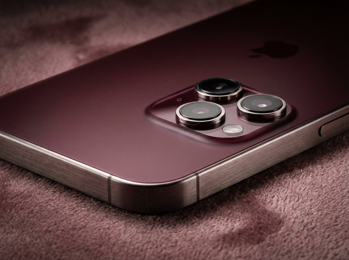 Back view of a premium smartphone in deep burgundy color, triple camera system on a raised platform, matte glass texture, elegant metallic frame, luxury product photography, soft studio lighting, 4:3 aspect ratio, no visible text.