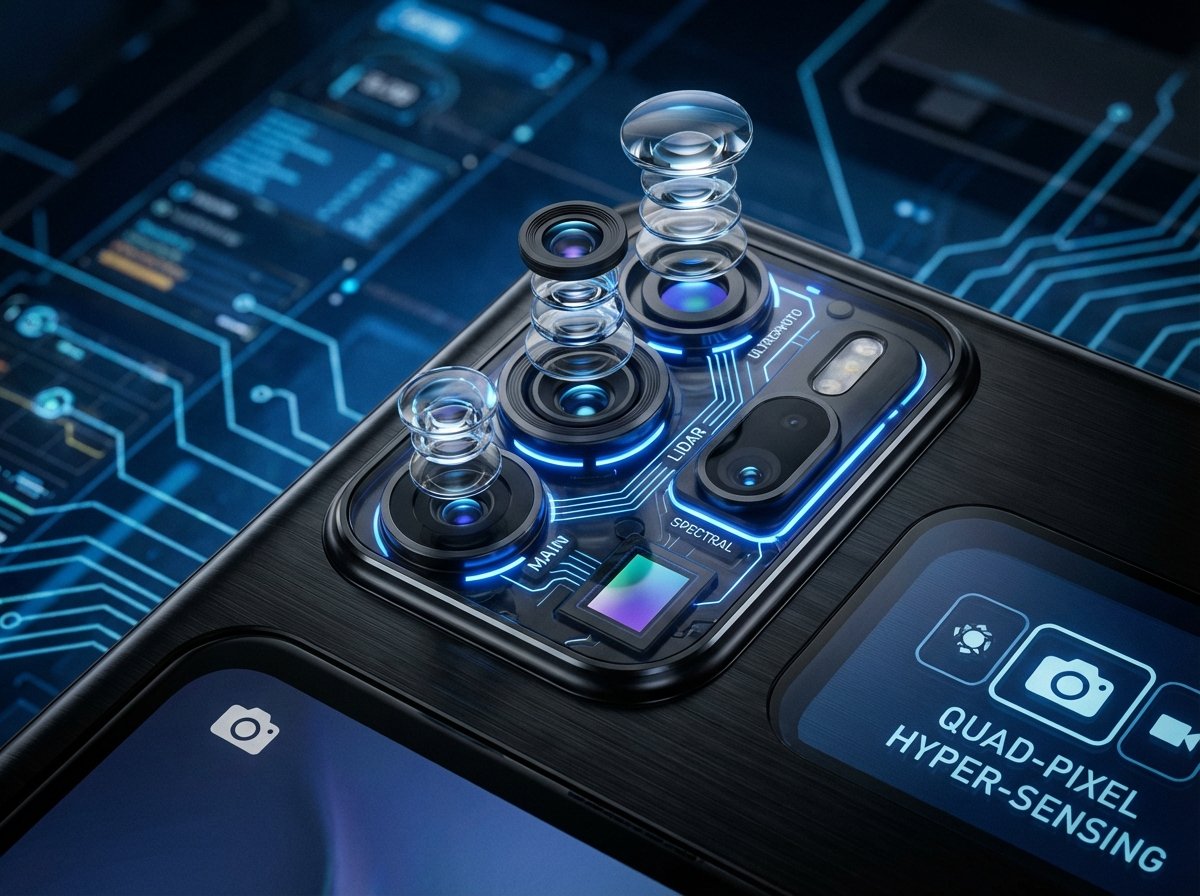 Close up shot of a smartphone camera lens with multiple sensors, high tech aesthetic, dark mode background with blue light accents, 4:3
