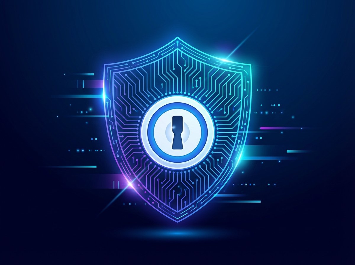 A high-tech digital shield with a keyhole icon symbolizing the 1Password service, dark blue gradient background, modern and clean style, high contrast. 4:3