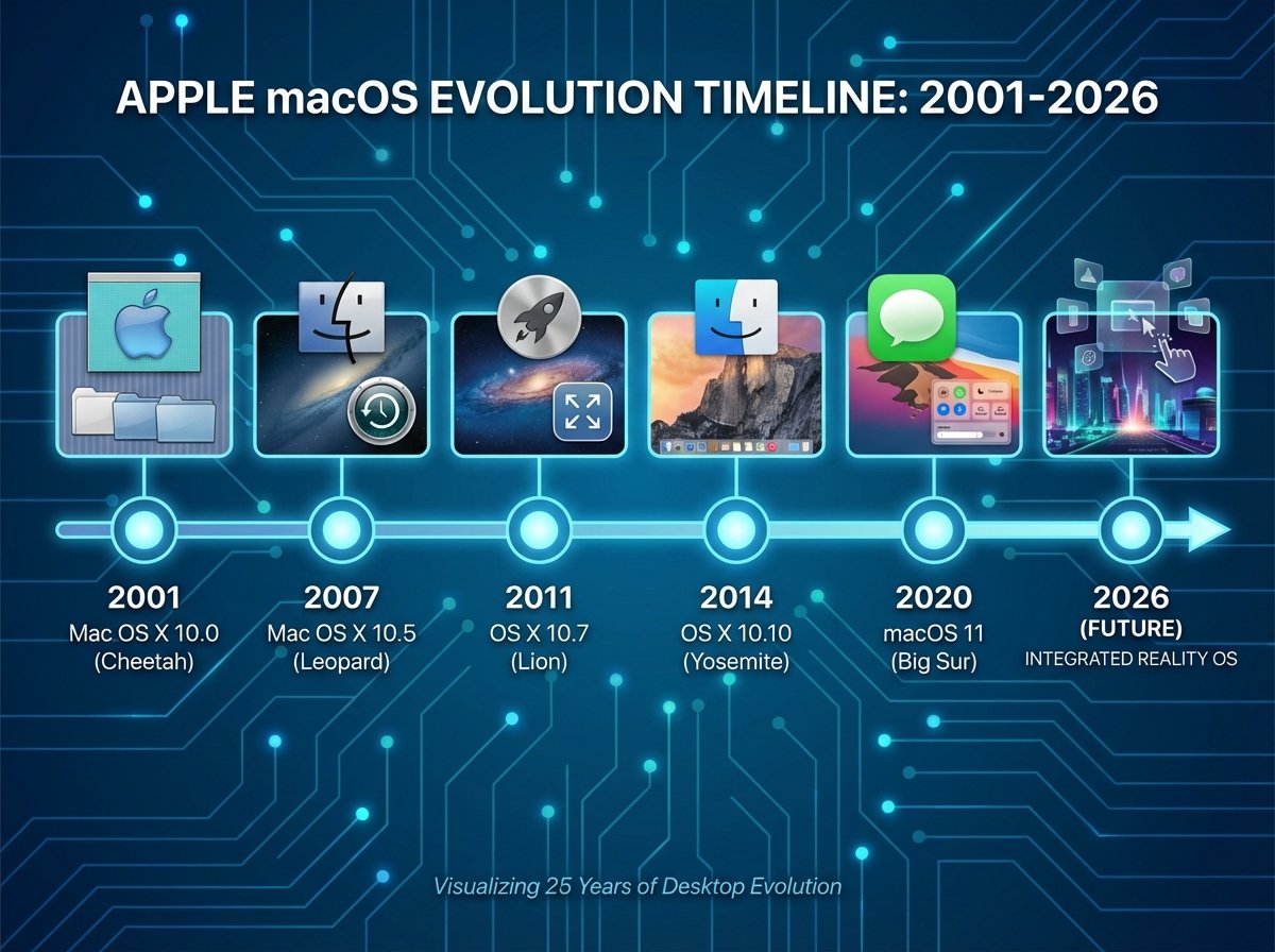A historical timeline illustration of Apple macOS evolution from 2001 to 2026, showing various desktop icons and wallpapers from different eras, clean and modern tech background, 4:3