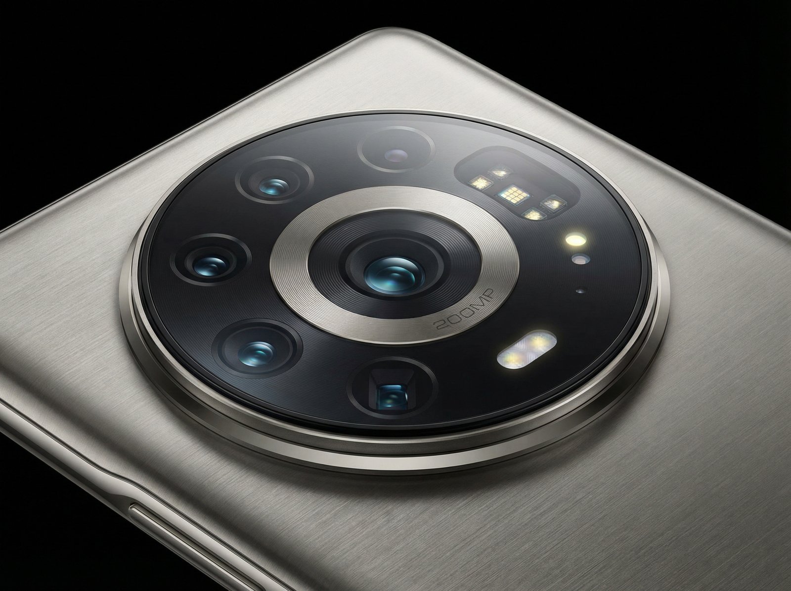 A close up shot of a futuristic iPhone camera lens with high-tech sensors, 200MP engraved subtly on the ring, sleek titanium finish, professional photography lighting, 4:3 aspect ratio, no text