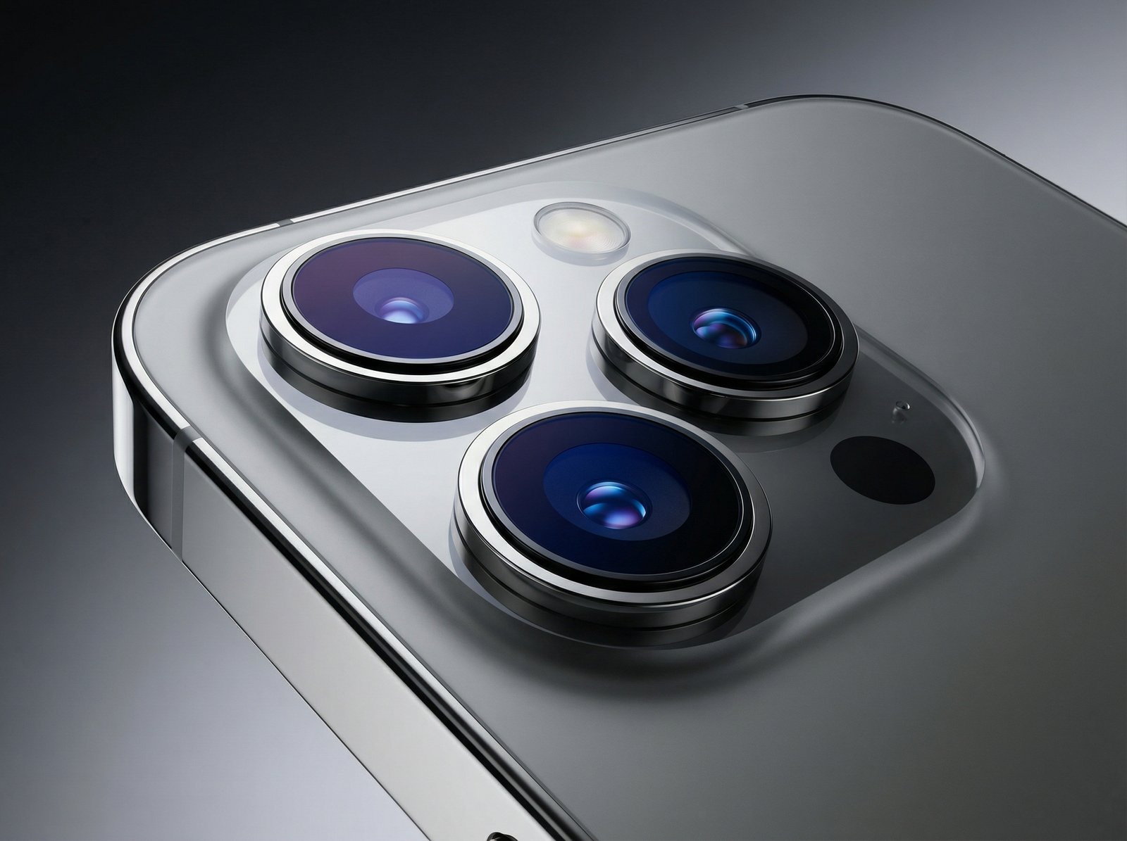 A close-up shot of a high-end smartphone camera system with multiple large lenses on the back. The glass of the lenses has deep blue and purple reflections. Professional studio lighting with a soft gradient background. 4:3, no visible text.
