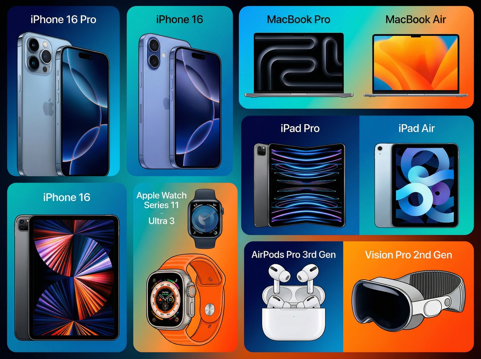 A collage of various Apple products released in 2025, including iPhones, MacBooks, iPads, Apple Watches, AirPods Pro, and Vision Pro. Clean infographic style, modern layout, high contrast, colored background. No visible text. Aspect ratio 4:3.