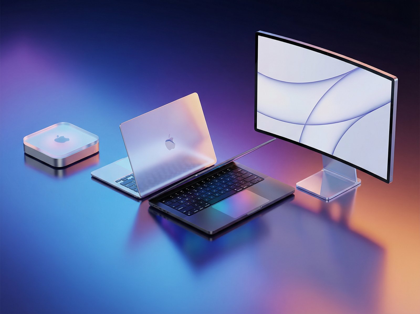 A futuristic Mac product lineup against a gradient background, showcasing a sleek MacBook Air, a powerful MacBook Pro, a compact Mac mini, and a vibrant Studio Display. Emphasize innovation and new design elements. Aspect ratio 4:3, no visible text.