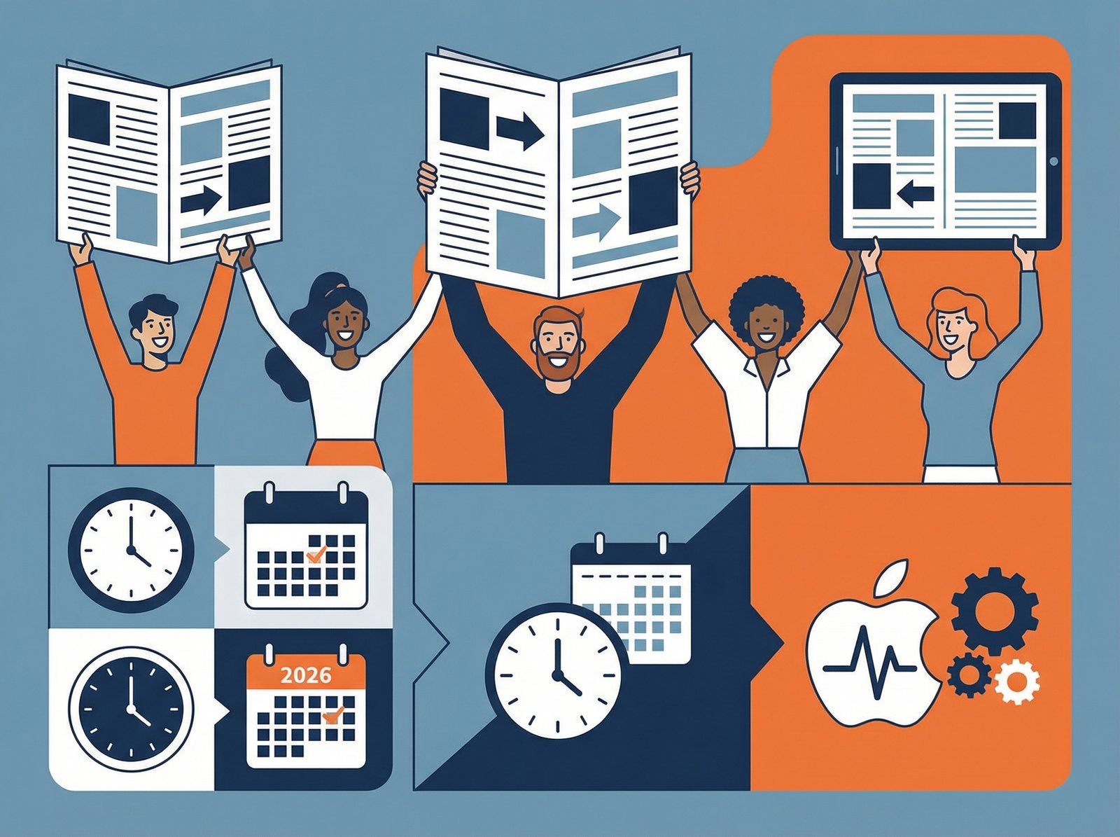 People excitedly reading newspapers with headlines like 'Something Big is Coming to Apple Fitness+' and 'The Countdown Begins', hinting at major changes in early 2026. Clean infographic style, modern layout, high contrast, colored background, no visible text, aspect ratio 4:3.