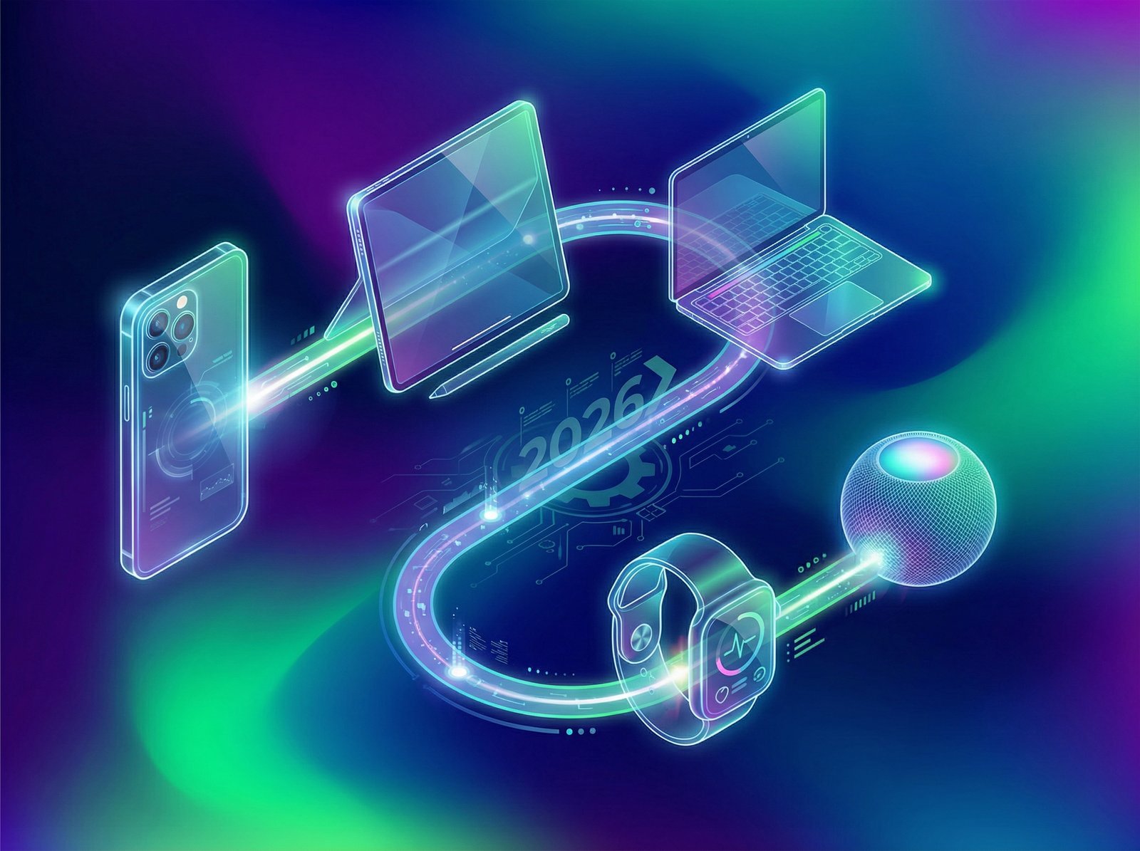 A futuristic, sleek infographic showing various Apple product icons (stylized iPhone, iPad, Mac, Apple Watch, HomePod) connected by a timeline indicating "2026 innovations". Clean modern layout, high contrast, colored gradient background. Aspect ratio 4:3, no visible text, no Korean text.