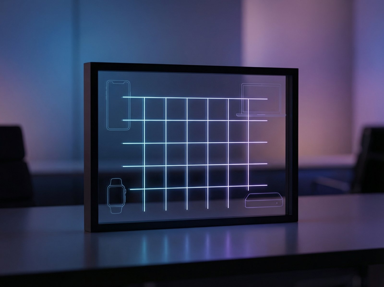 A sleek, modern calendar showing January 2026, with subtle, glowing outlines of various Apple products (iPhone, MacBook, Apple Watch, Apple TV) emerging from it. The background is a soft, gradient blue and purple. Informational style, no visible text, 4:3 aspect ratio.