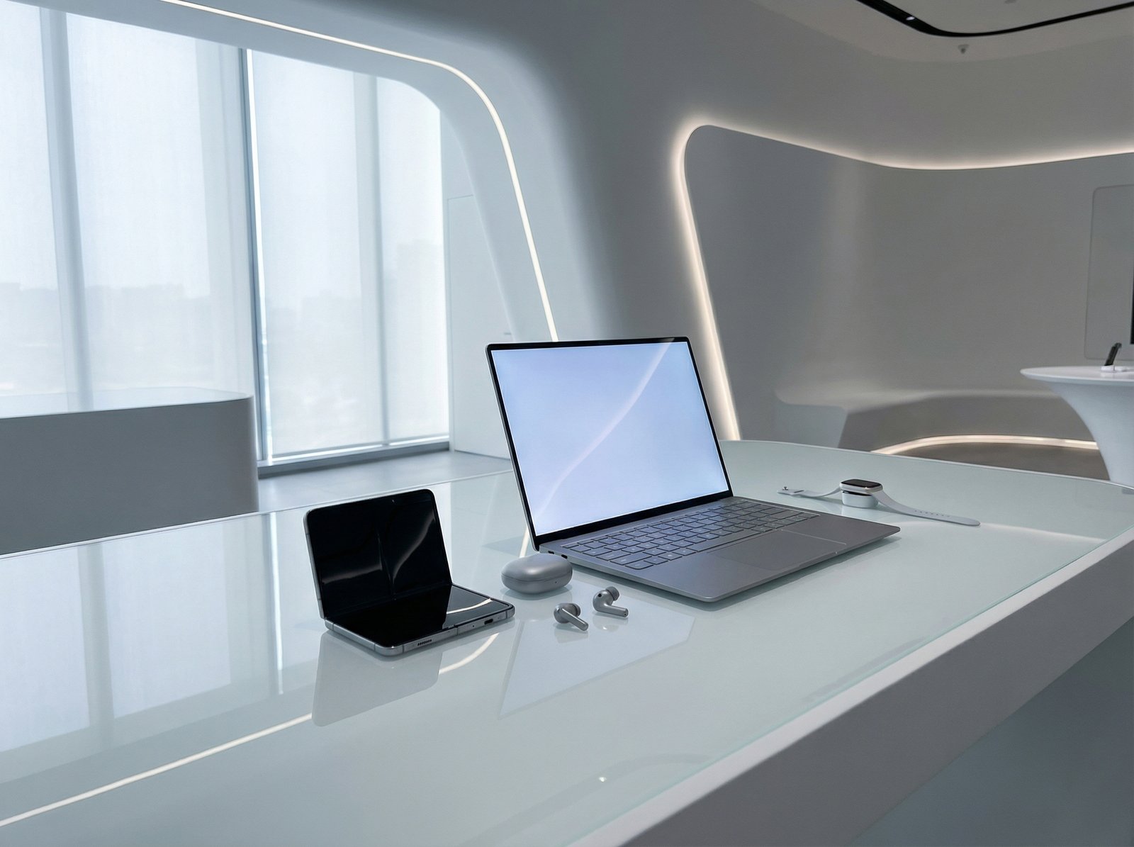 A futuristic and clean showcase of various Apple devices including a foldable phone and a sleek laptop on a minimalist white glass table, soft natural lighting, high-tech atmosphere, 4:3 aspect ratio, no visible text