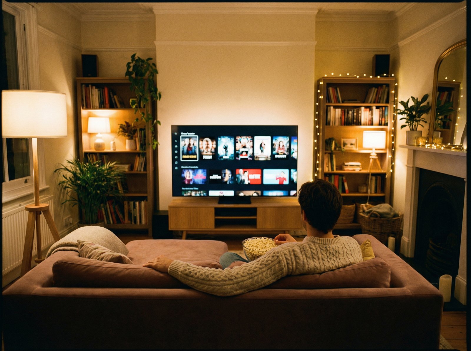 A cozy living room at night with a large modern smart TV showing a streaming interface with various movie posters. A person is sitting on a comfortable sofa with a bowl of popcorn, warm ambient lighting, realistic lifestyle photography, 4:3 aspect ratio, no text.