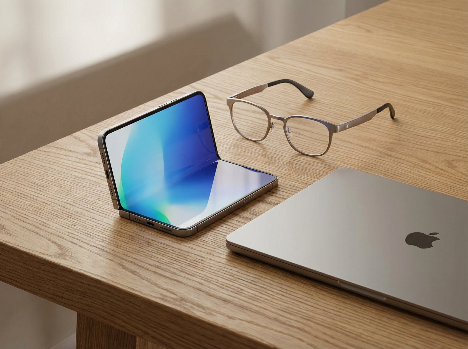 A group of futuristic Apple devices including a foldable iPhone, smart glasses, and a sleek compact laptop arranged on a modern oak desk, soft morning light, 4:3 ratio, no visible text