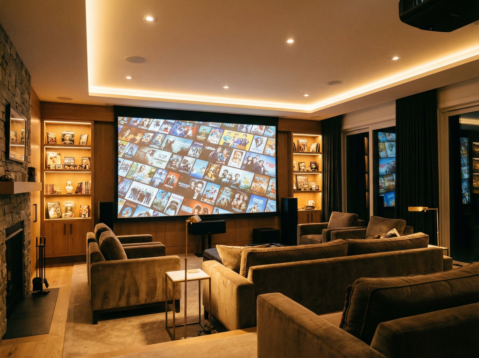 A modern home theater setup with a large screen displaying a variety of cinematic movie and TV show thumbnails, cozy living room atmosphere, warm ambient lighting, 4:3 aspect ratio, no text.